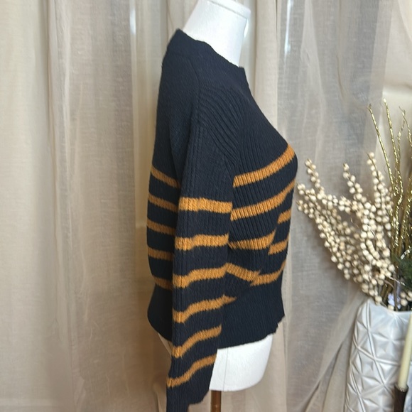 Magaschoni Navy and Brown Stripe Bell Sleeve Small Knit Sweater - Picture 2 of 5